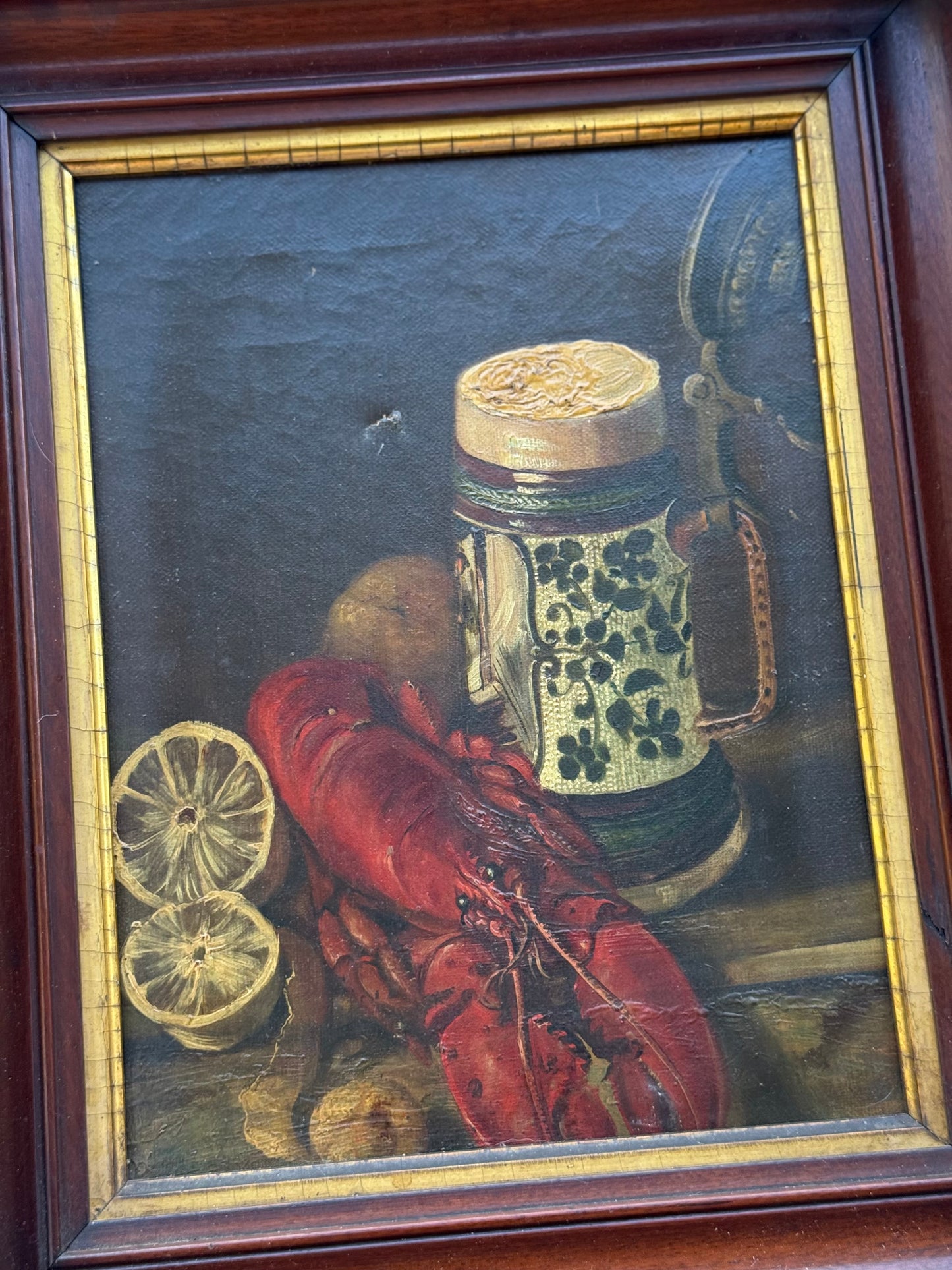 Antique 19th-C Still Life Oil Painting | Lobster, Lemons & Stein | 9x12 in Original Walnut Frame