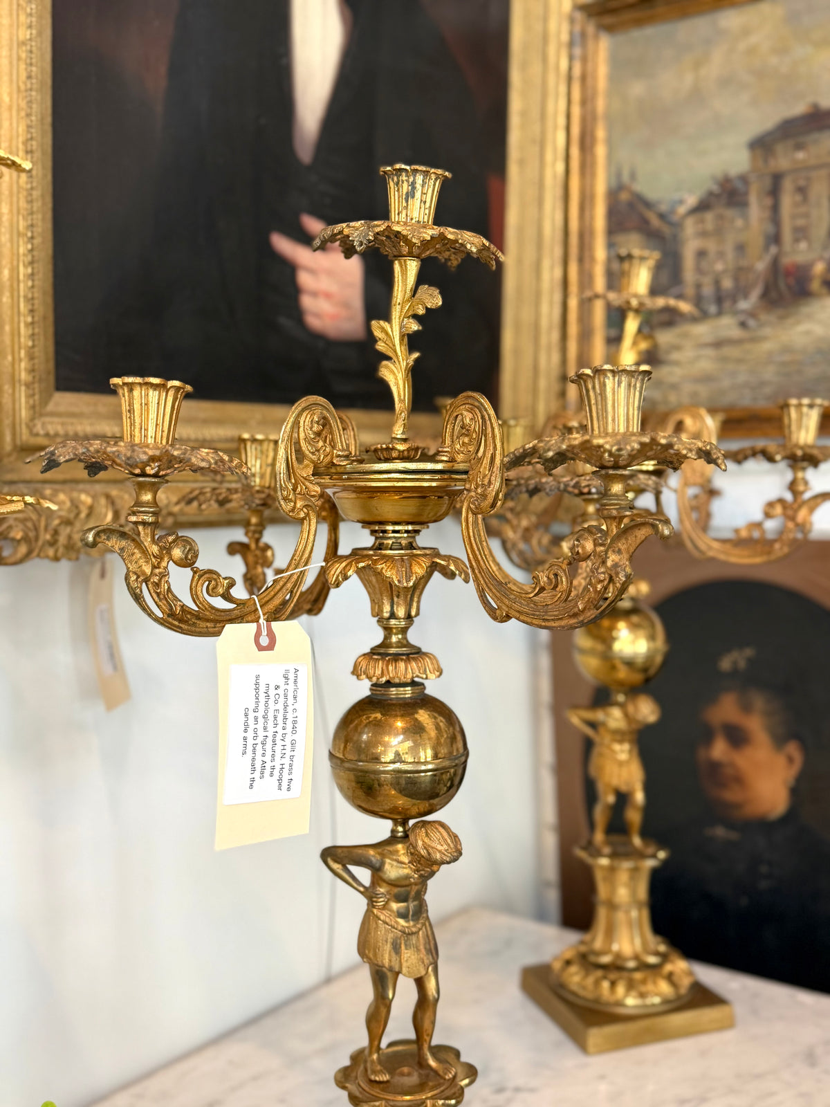 Pair of American H.N. Hooper & Co. Gilt Brass Figural Candelabra, c. 1840
