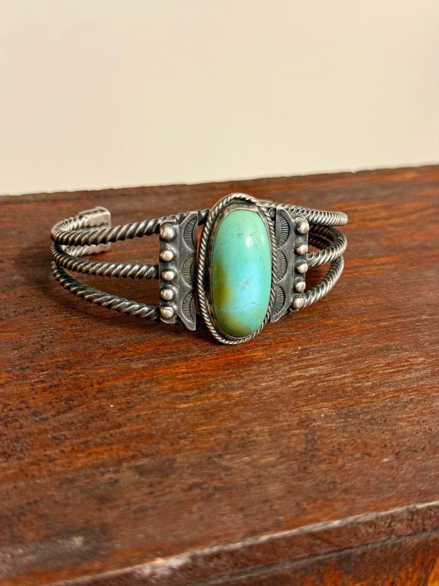 Vintage Navajo Three-Strand Twisted Wire Cuff Bracelet with Green Stone