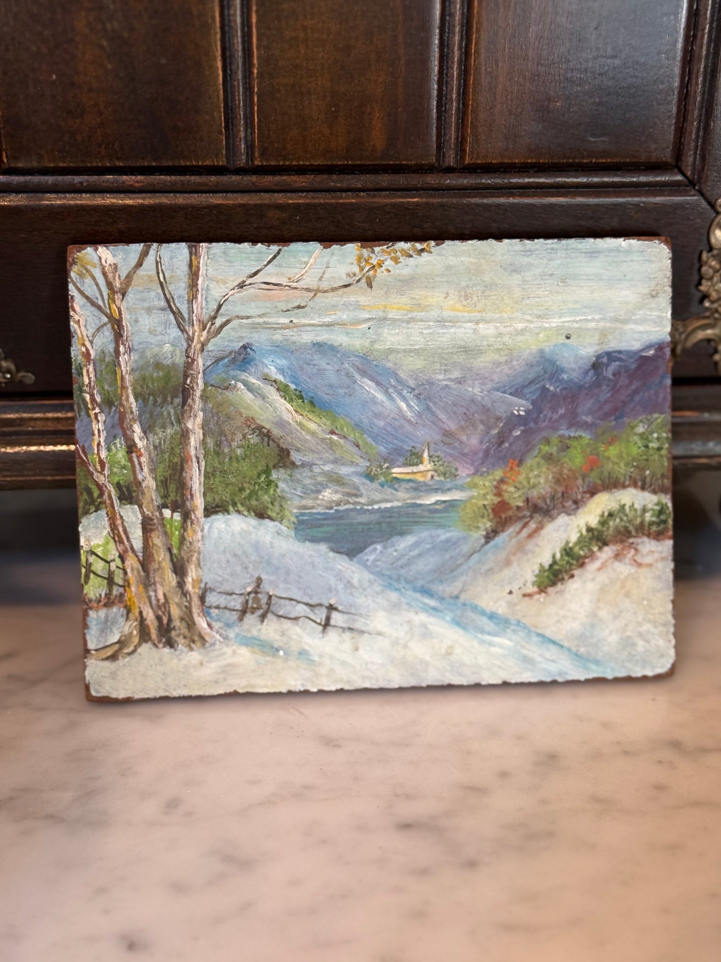 Vintage Impressionist Winter Landscape Oil Painting on Board