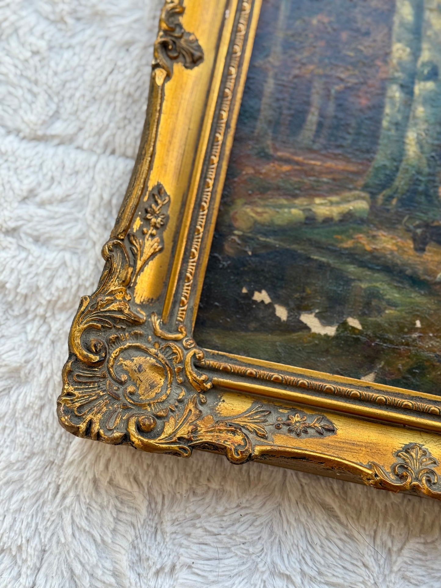 19th-Century Continental Woodland Landscape with Cattle & Herdsman
Oil on Canvas, c. 1860–1890 (9×12 canvas, 12×15 framed)