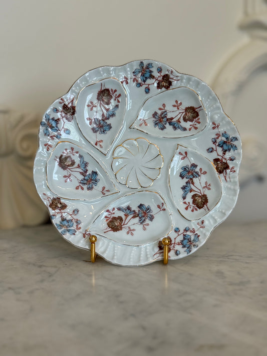 Antique Floral Oyster Plate with Central Sauce Well