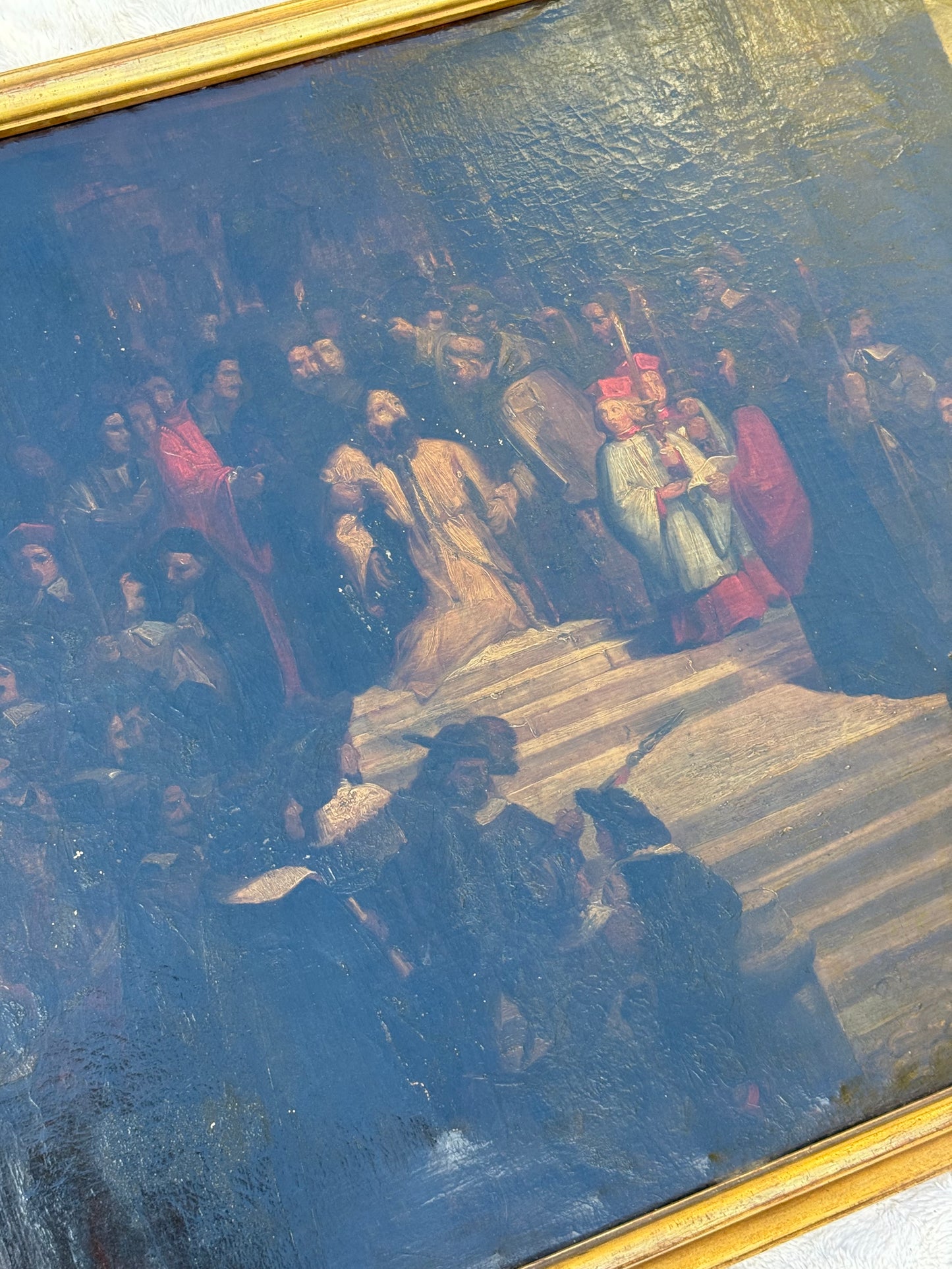 Huge Mid-19th Century Continental Public Penance Tribunal Scene – Dramatic Historic Oil Painting (35x42”)