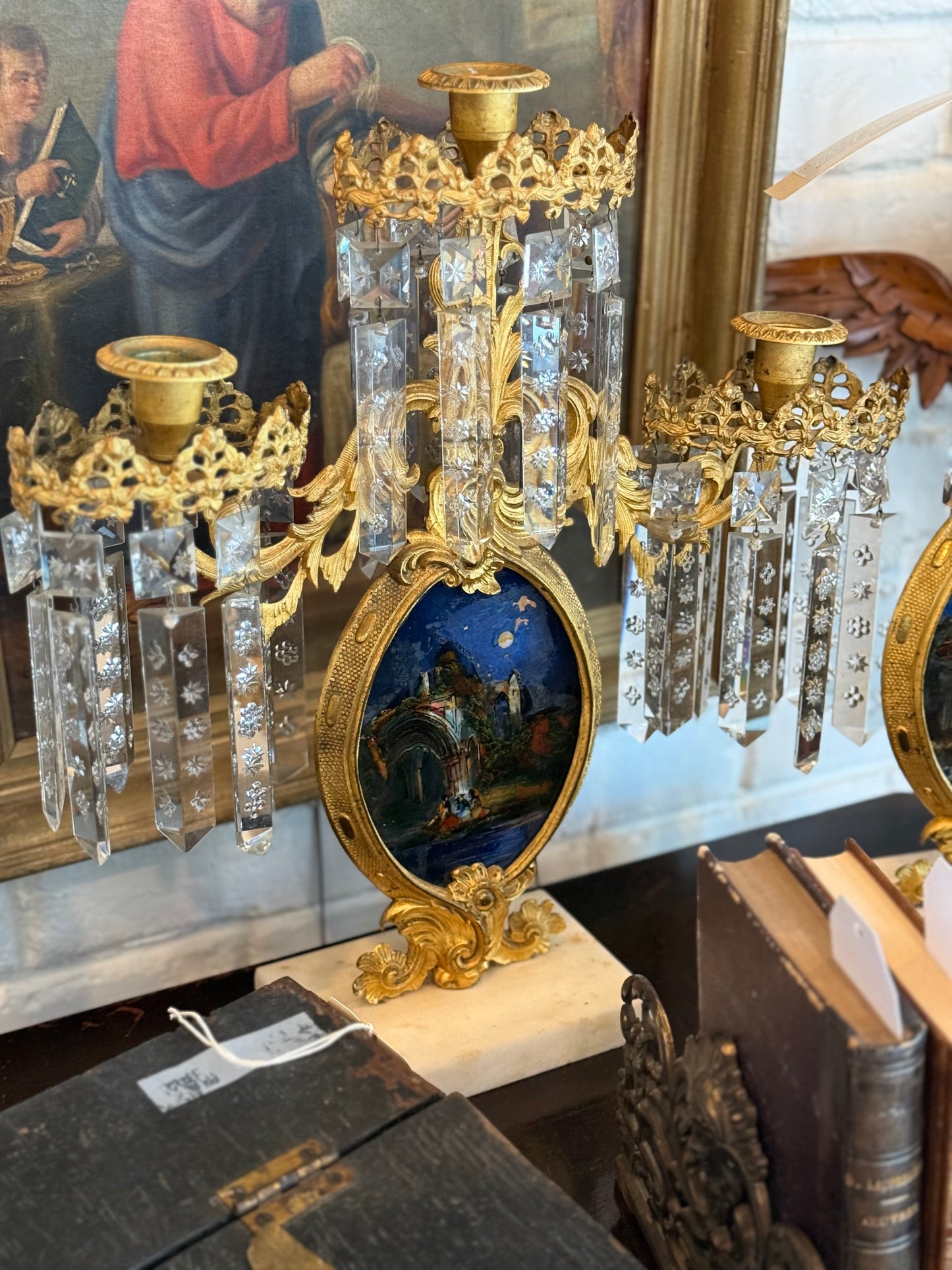Antique American Gilt Bronze, Églomisé & Cut Glass Girandole Garniture set of 3

Mid-19th Century