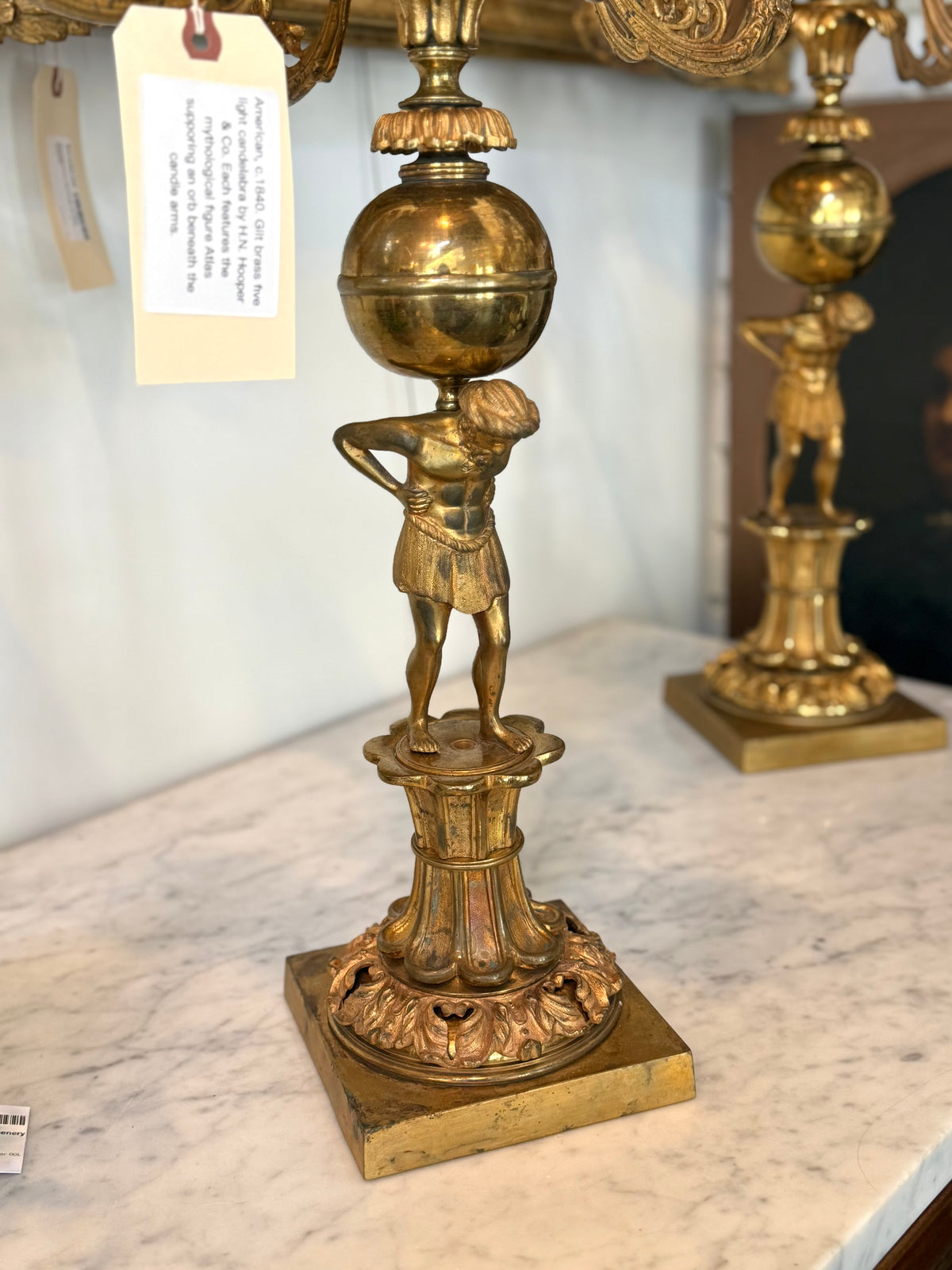 Pair of American H.N. Hooper & Co. Gilt Brass Figural Candelabra, c. 1840