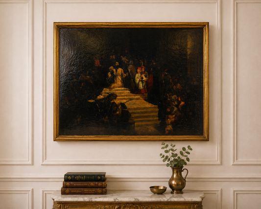 Huge Mid-19th Century Continental Public Penance Tribunal Scene – Dramatic Historic Oil Painting (35x42”)