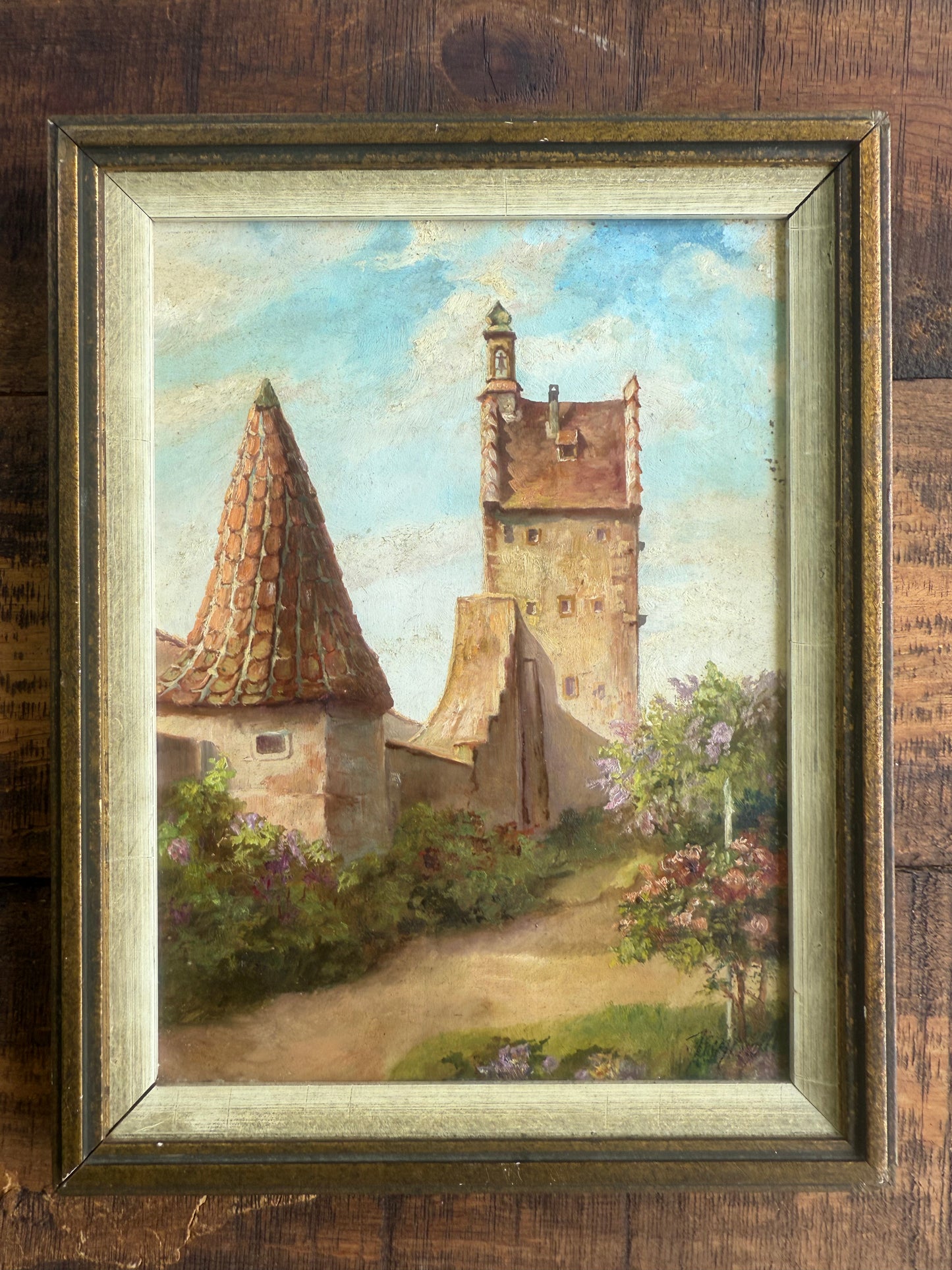 Early 20th Century German School Tradition Oil Painting – “Mühlfeld” Medieval Townscape, Signed