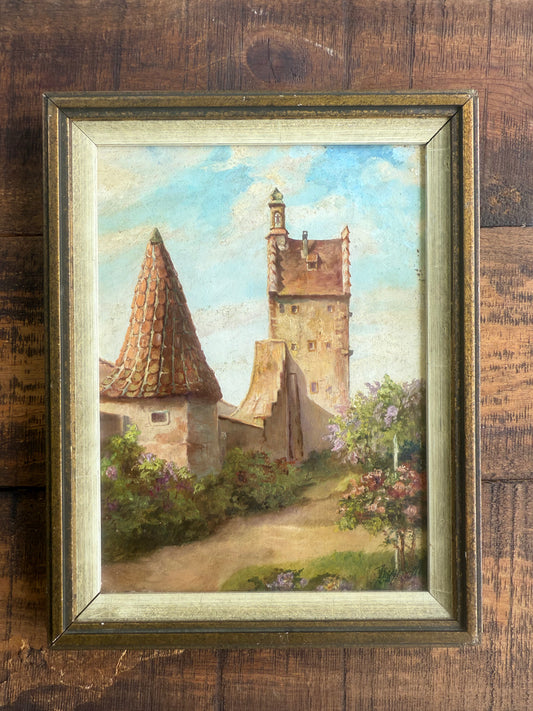 Early 20th Century German School Tradition Oil Painting – “Mühlfeld” Medieval Townscape, Signed