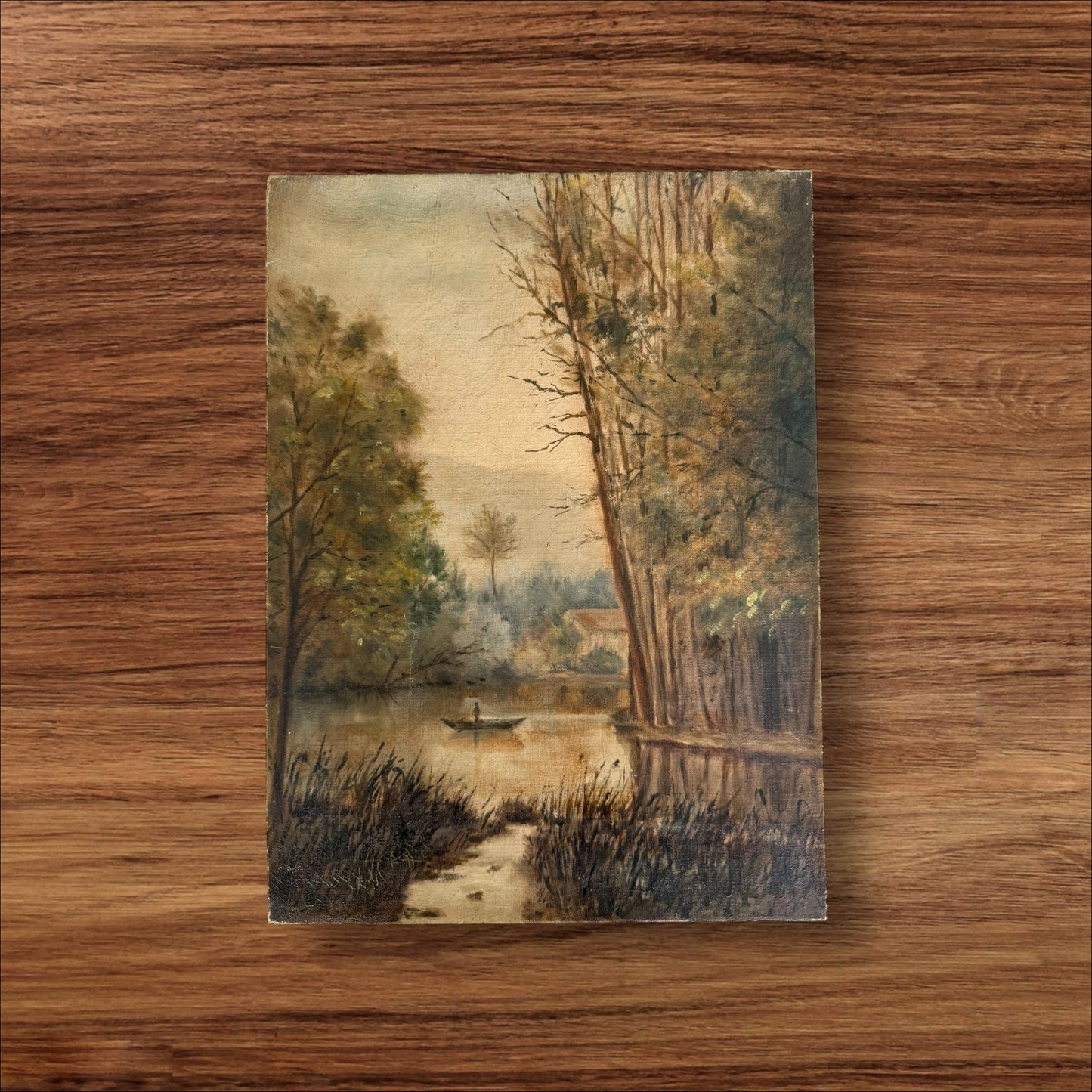 Late 19th Century European School Oil Painting – Riverside Landscape with Rowboat, Monogrammed