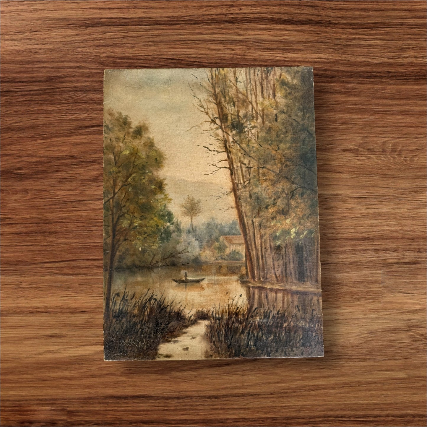Late 19th Century European School Oil Painting – Riverside Landscape with Rowboat, Monogrammed