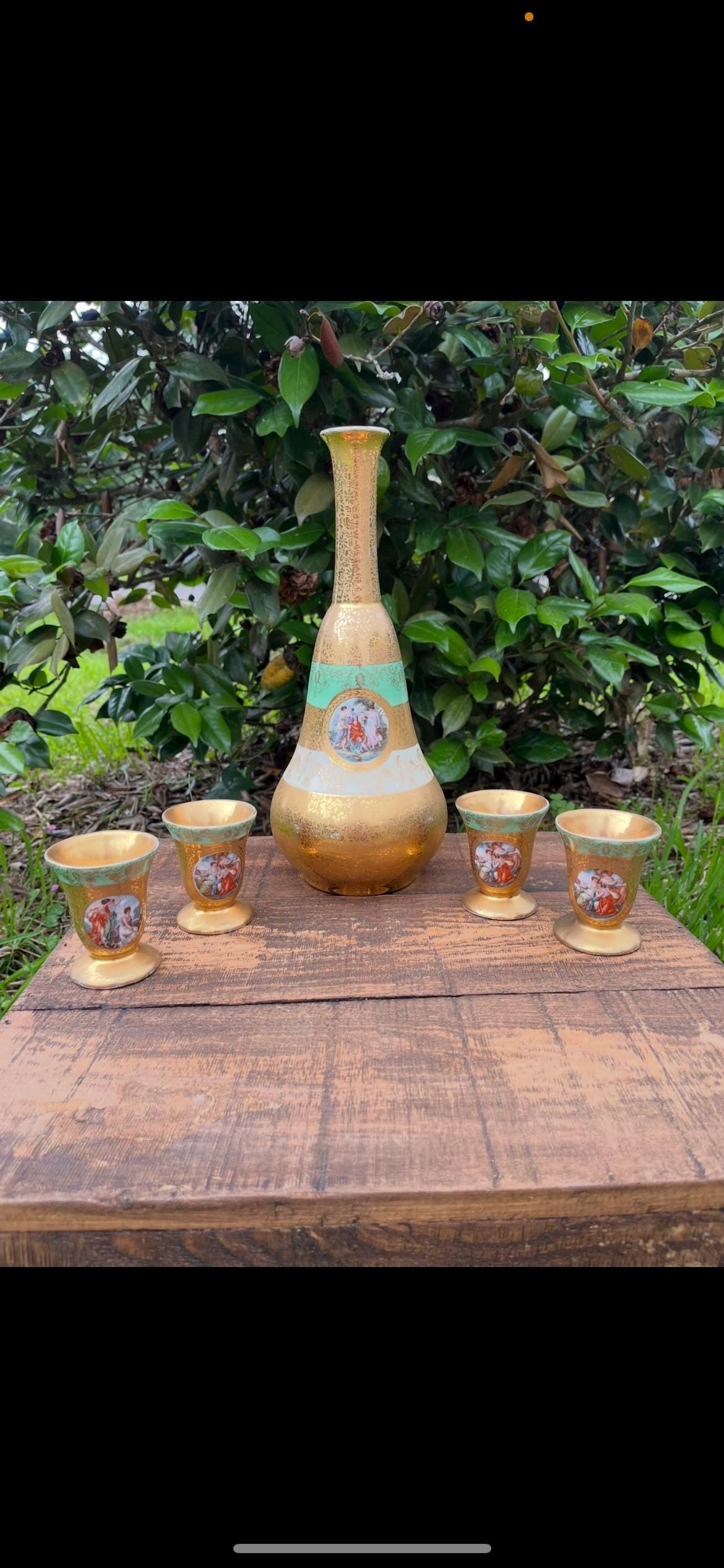 Le Mieux Decanter 4 Glasses | Midcentury Hand-Painted Gold & Enamel Bar Set | Missing Stopper | Vintage Hollywood Regency Glassware