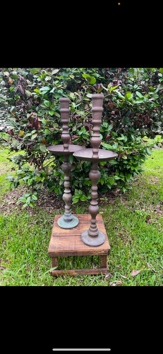 Antique Brass Altar Candle Holders | Ornate Church Candelabra Pair | Gothic Revival Style | Religious Decor | Tall Vintage Candlesticks