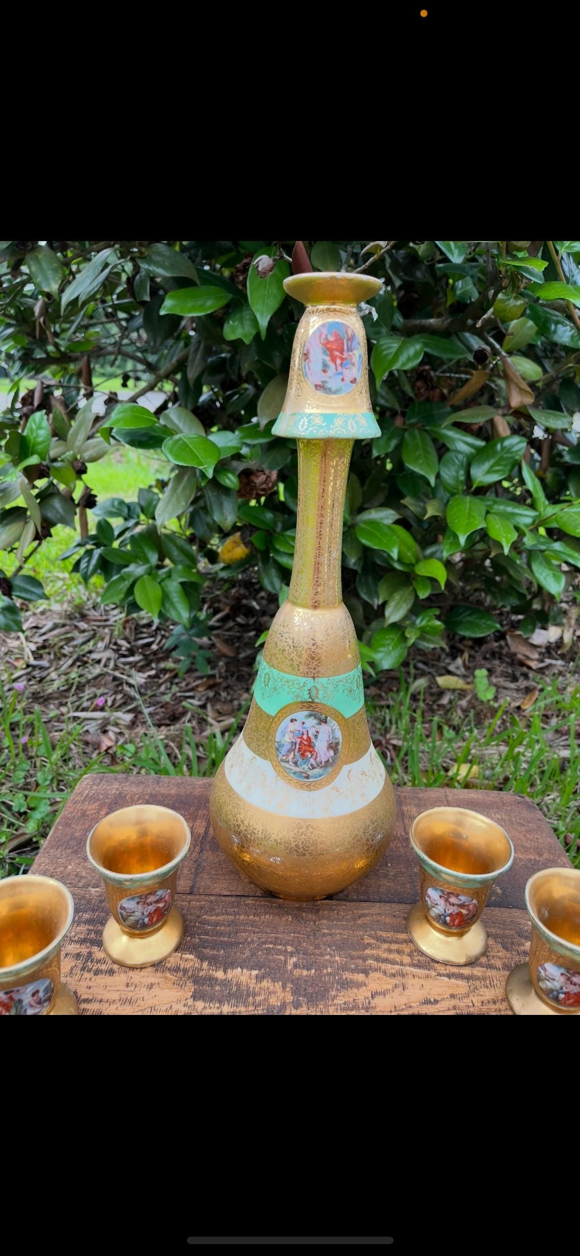 Le Mieux Decanter 4 Glasses | Midcentury Hand-Painted Gold & Enamel Bar Set | Missing Stopper | Vintage Hollywood Regency Glassware
