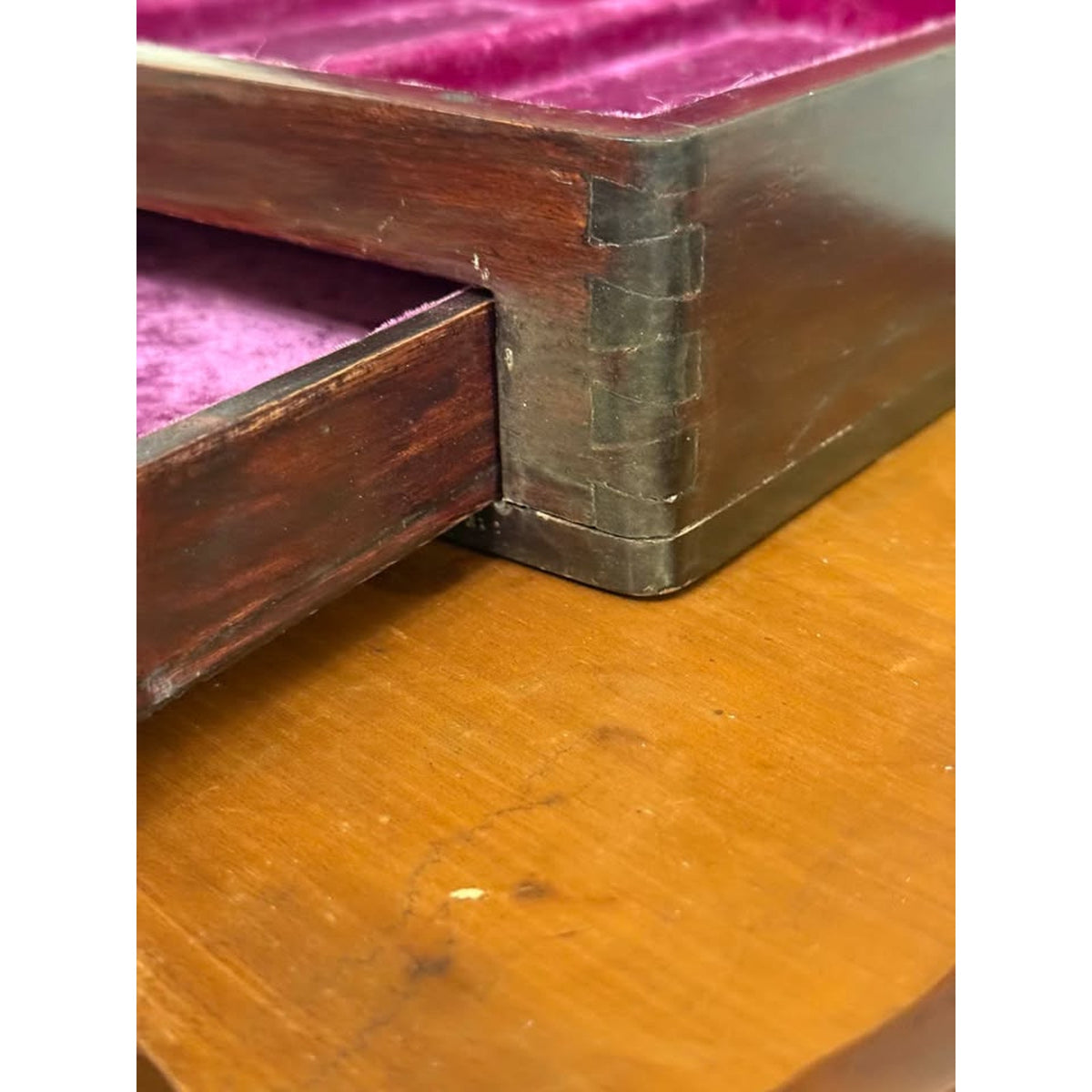 Antique Victorian Mahogany Jewelry Box Dovetail Drawer Purple Velvet Interior