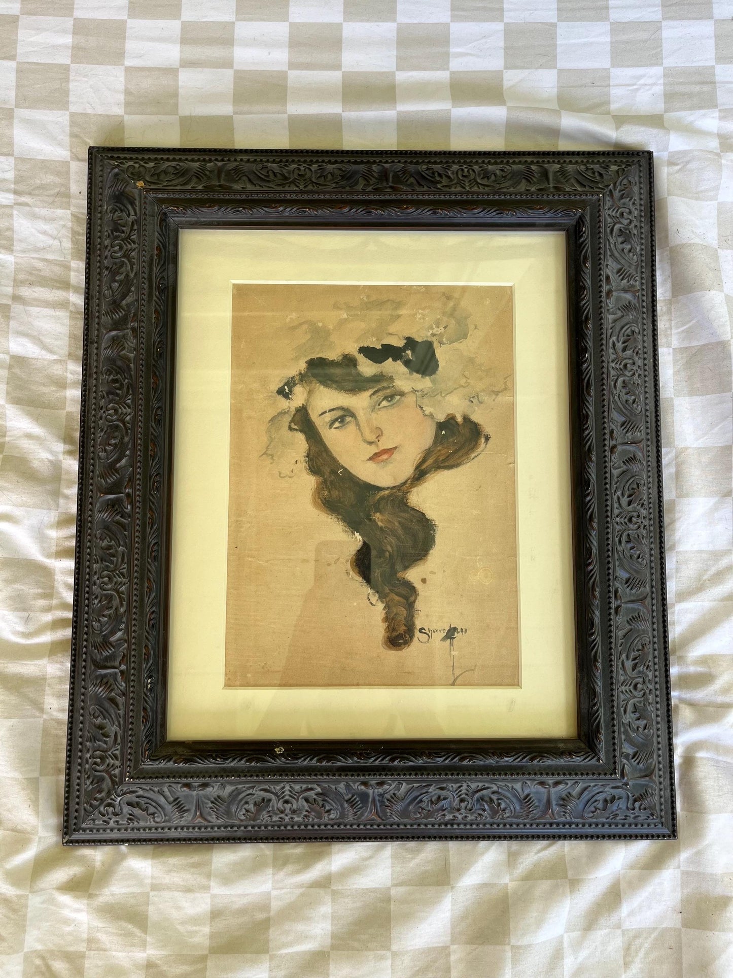 Early 1900s Watercolor Portrait | Impressionist Art Nouveau Style | Woman in Feathered Hat | 16x19 Framed