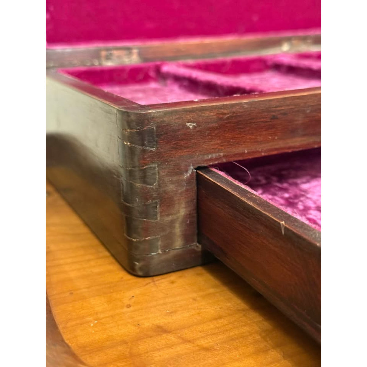 Antique Victorian Mahogany Jewelry Box Dovetail Drawer Purple Velvet Interior