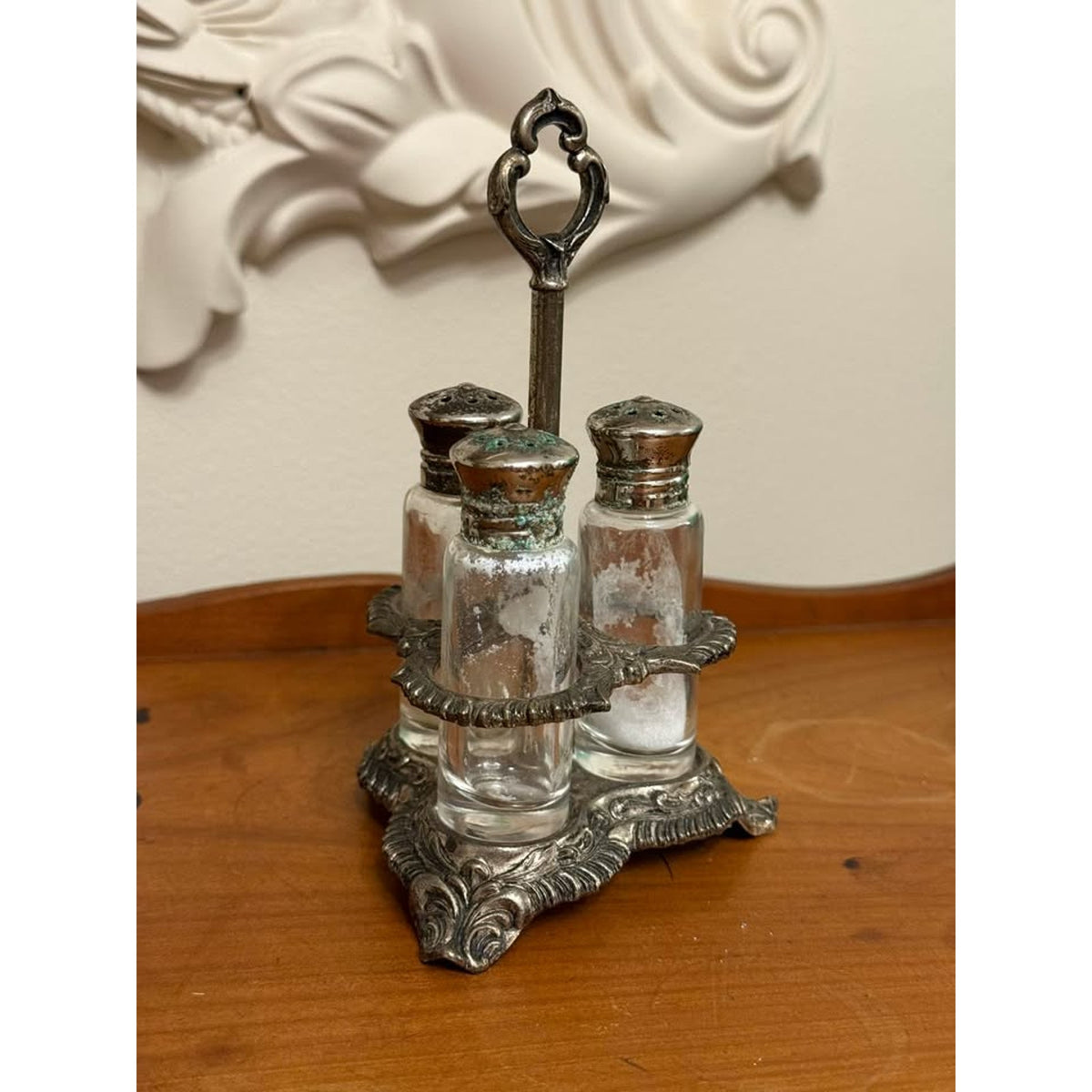 Vintage Silverplate 3 Bottle Salt Pepper Condiment Caddy Glass Shaker Set