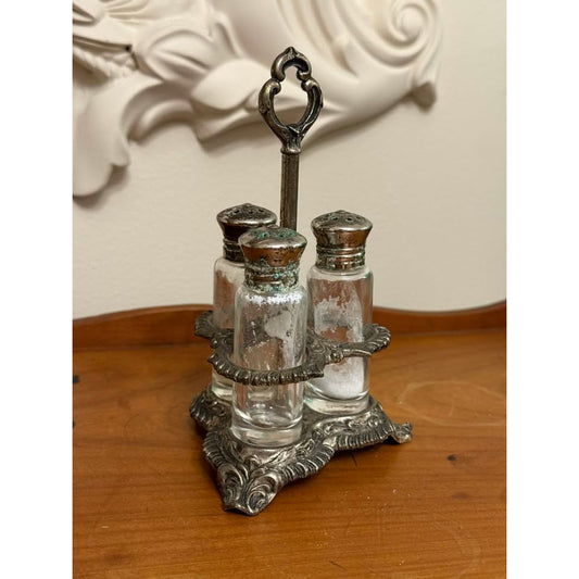 Vintage Silverplate 3 Bottle Salt Pepper Condiment Caddy Glass Shaker Set