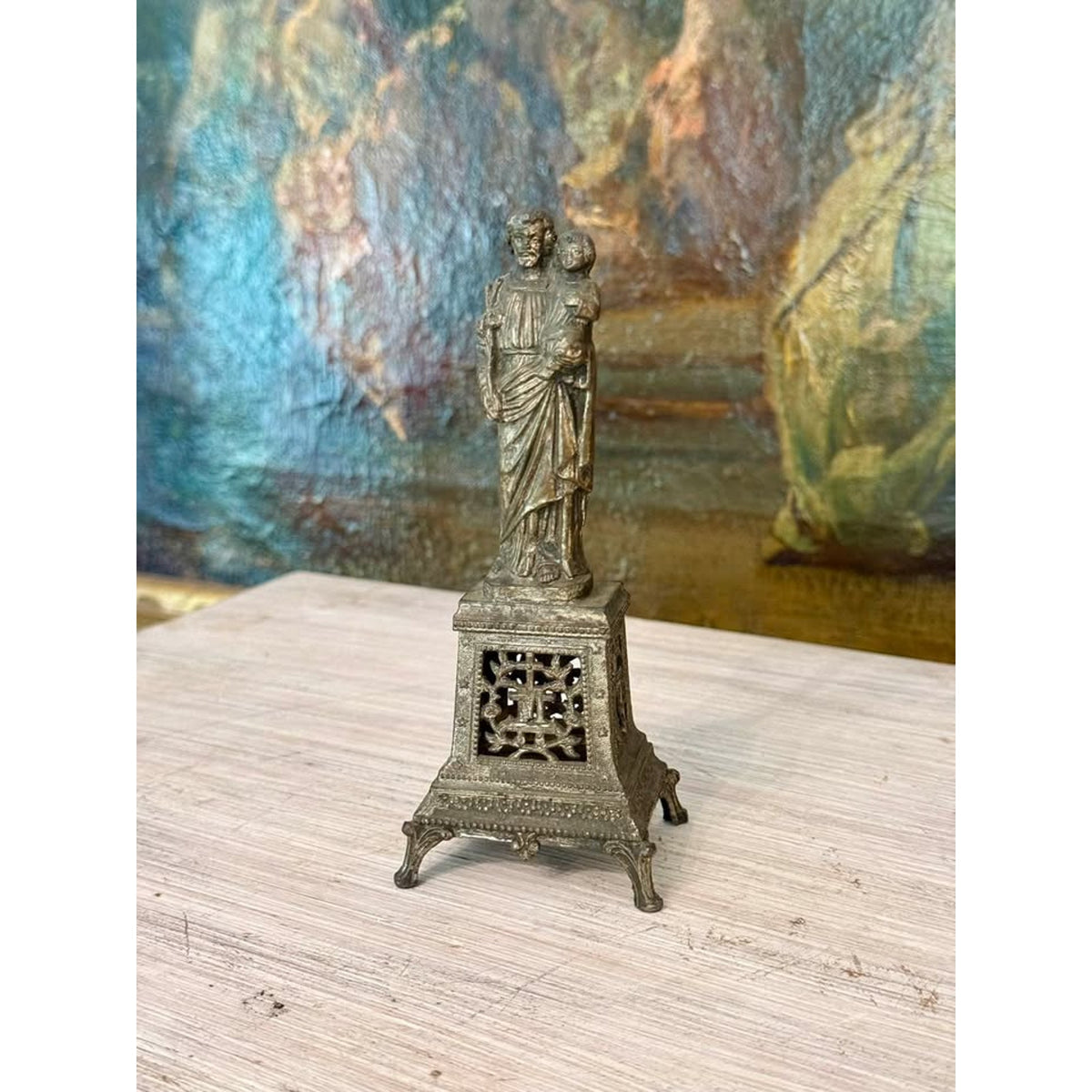 Vintage Saint Joseph with Christ Child Metal Devotional Statue