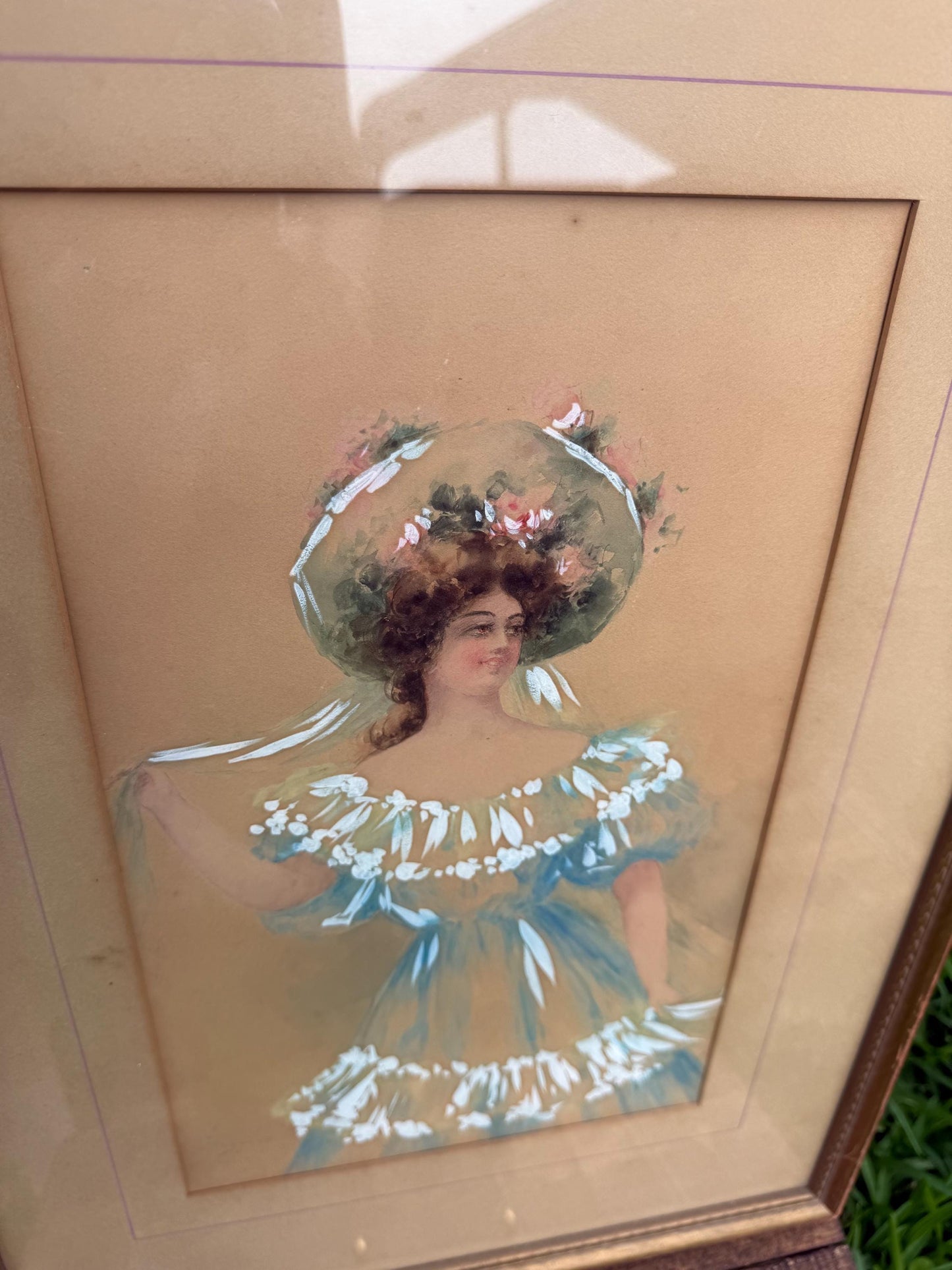 Antique Portrait of Woman in Blue by E. Lewis | Watercolor or Gouache | Framed Romantic Art | Edwardian Style Lady Painting