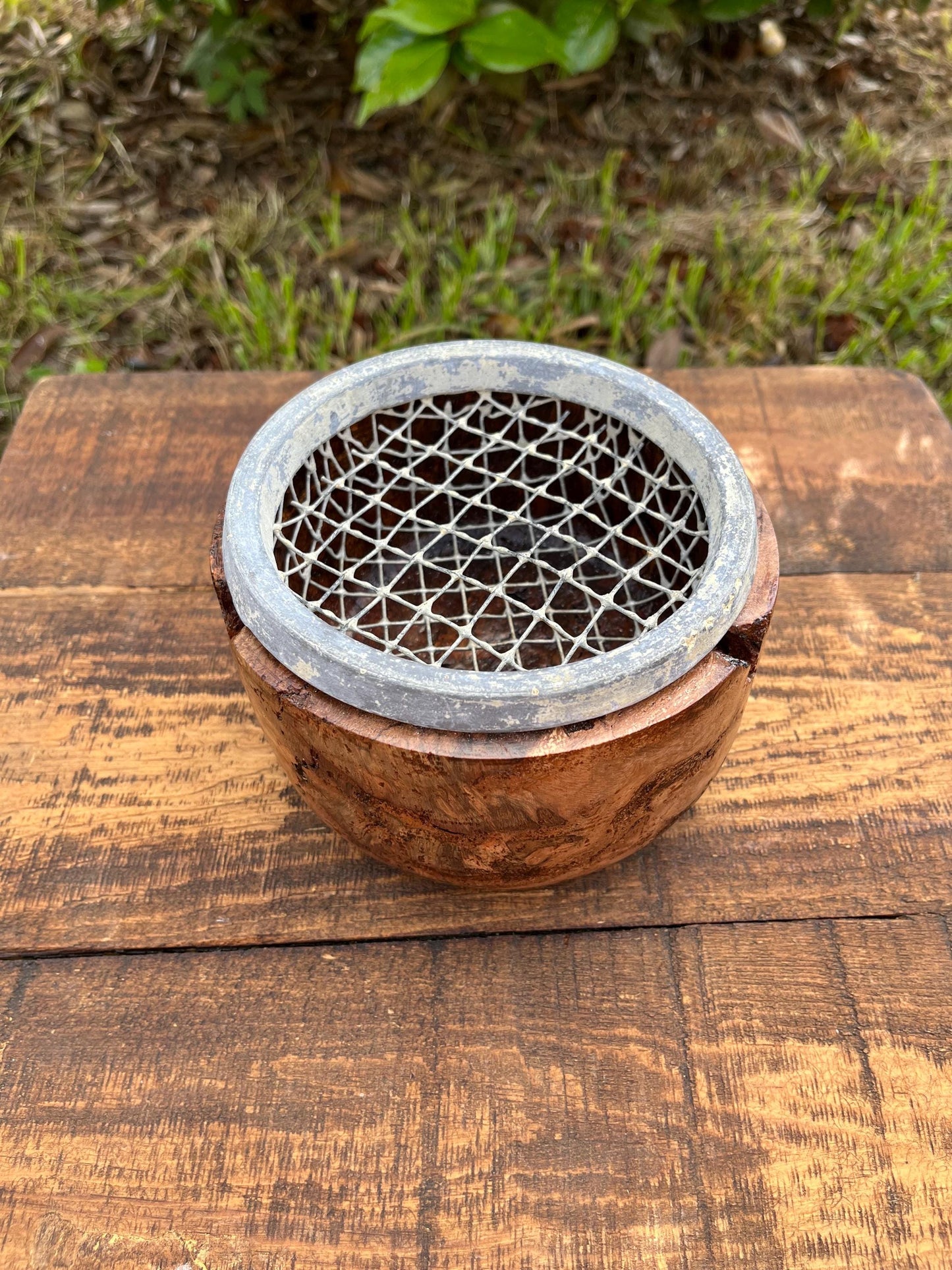 Mid-Century Vase with Burl Wood Base and Wire Frog | Rustic Floral Holder