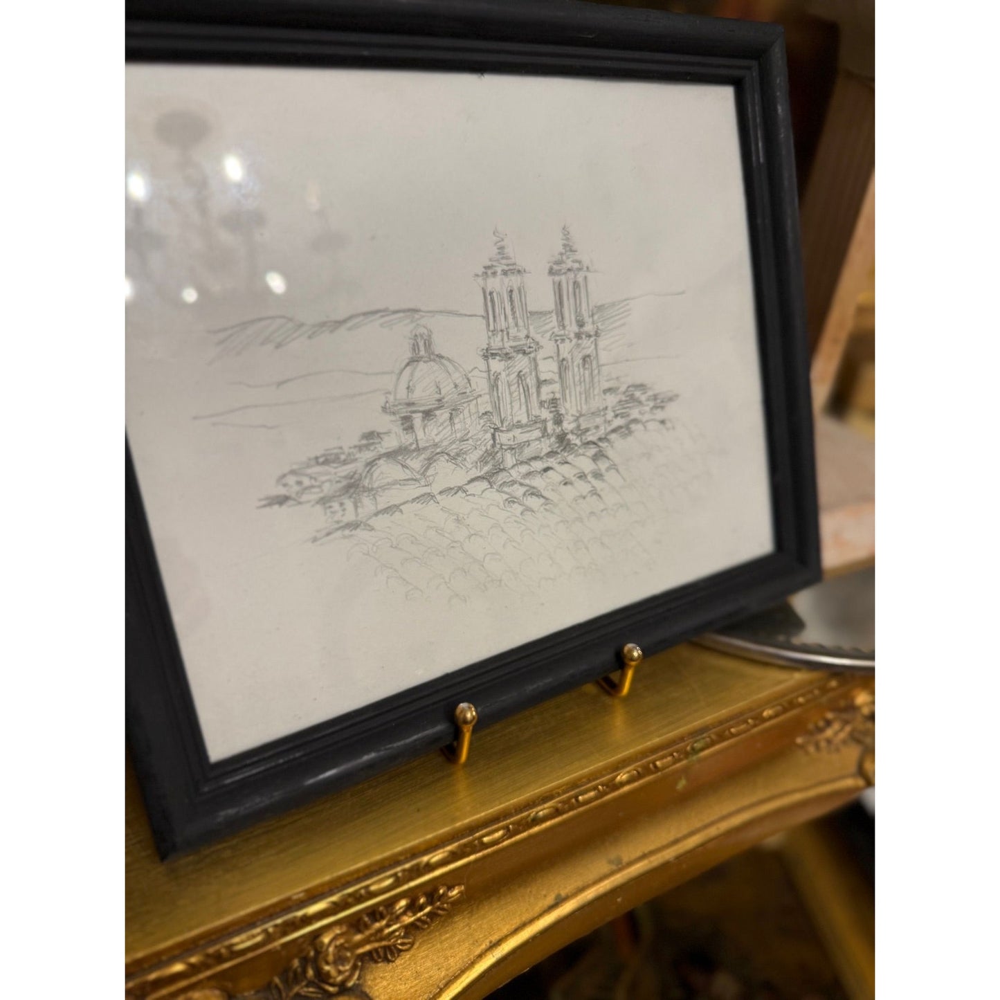 European Cathedral Rooftop Pencil Sketch | Framed Architectural Drawing