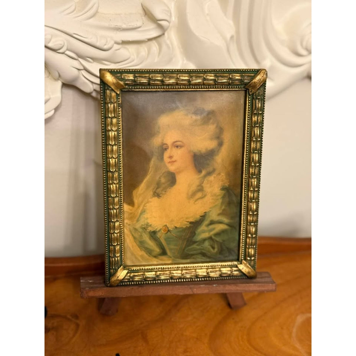 Vintage Convex Metal Lady Portrait Rococo Style Ornate Gold Frame