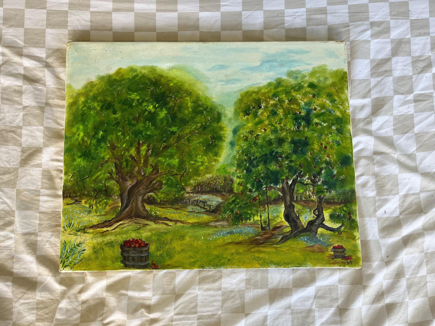 Mid-Century Folk Art Landscape | Oil on Canvas Pastoral Scene with Fruit Trees | 16x20 Vintage Farm Art