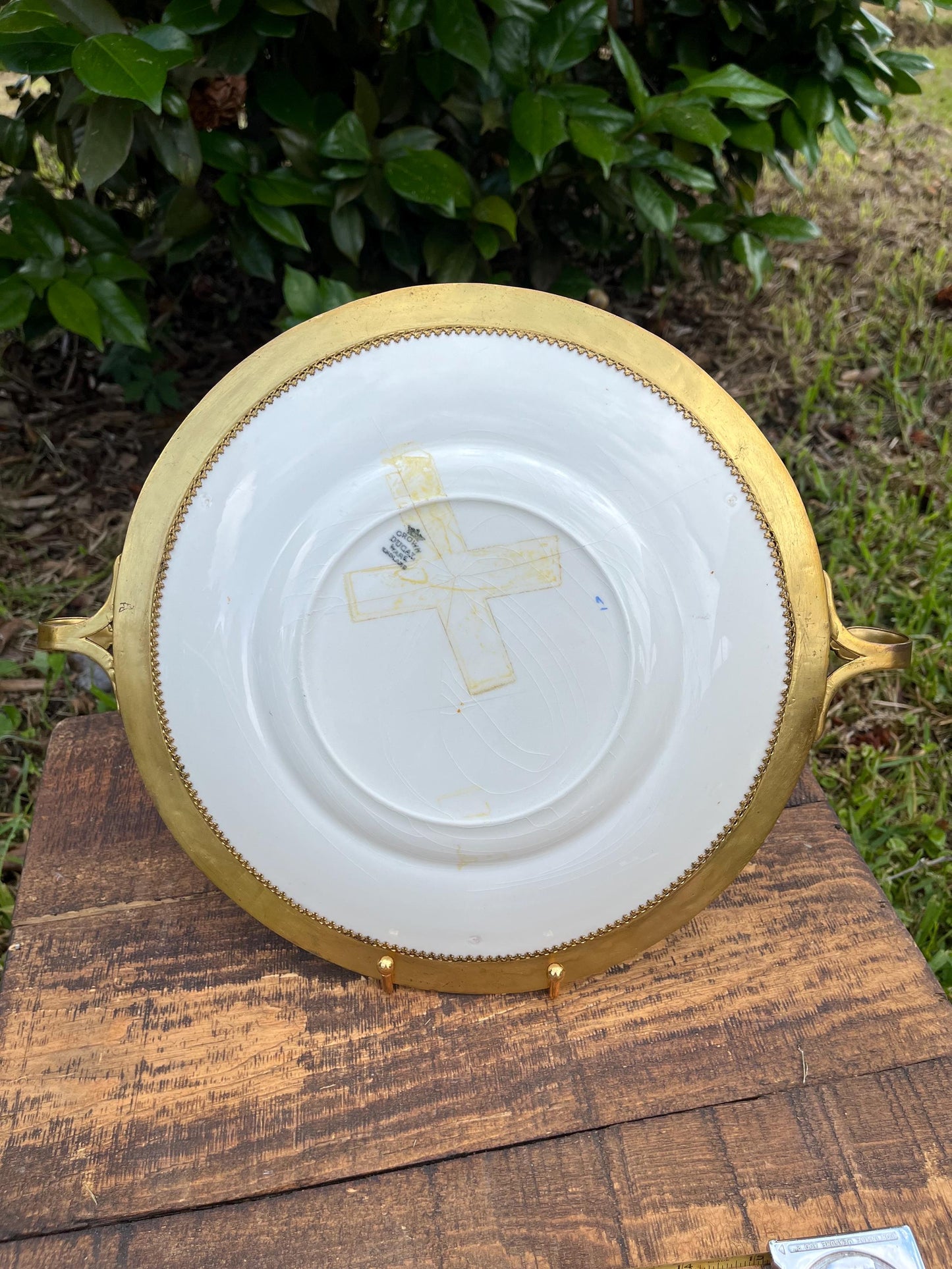 Crown Ducal Ware England Cabinet Plate – Rococo Floral Border, Rare Brass Lined Rim & Handles