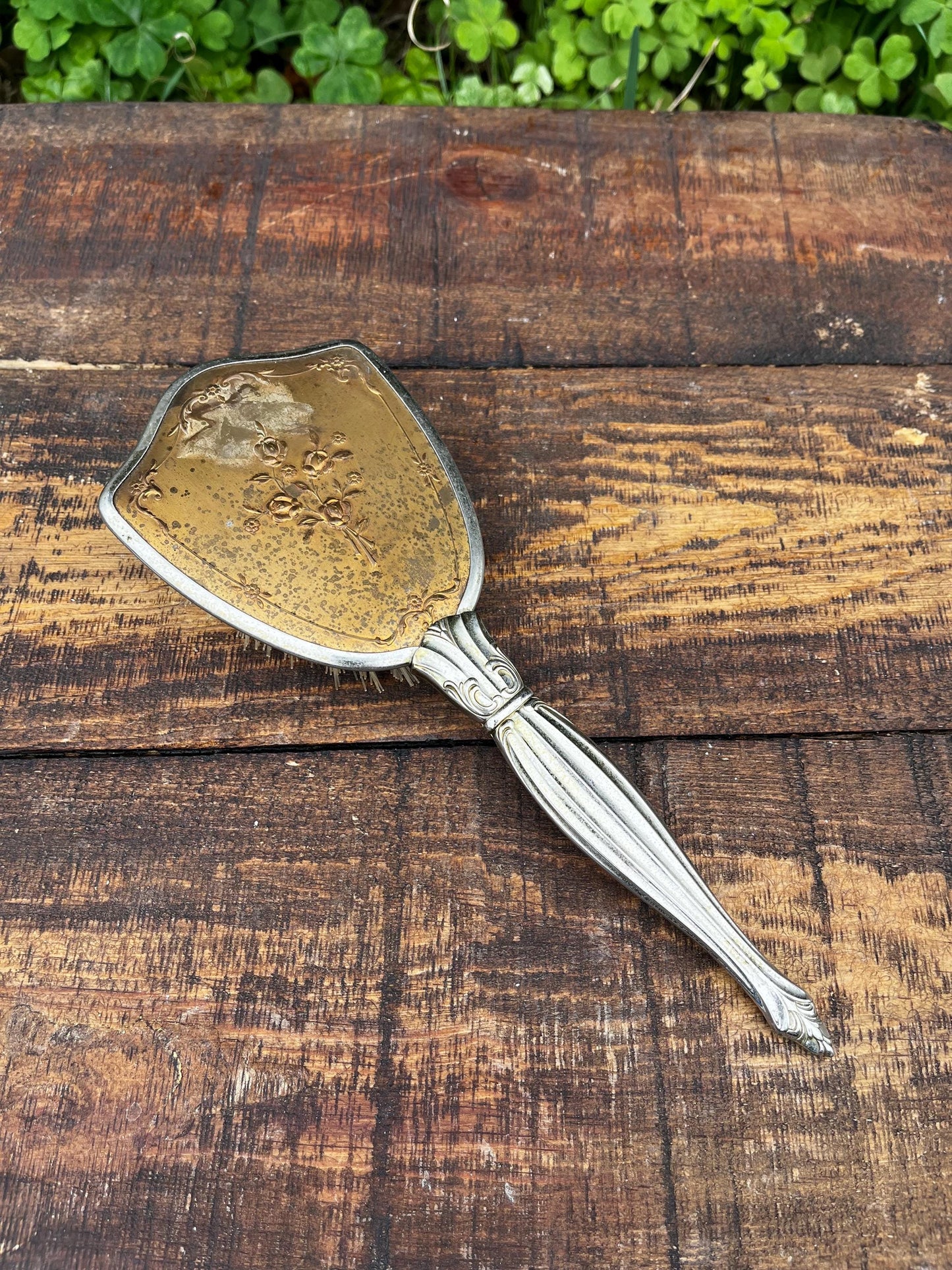 Vintage Vanity Brush – Metal Back with Swirly Design – Retro Dressing Table Brush – Elegant Antique Makeup Brush