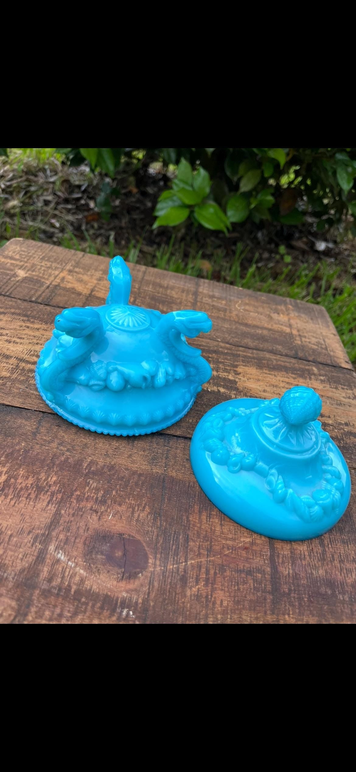 Victorian Blue Milk Glass Shell Dish with Lid – Portieux Vallerysthal Style Trinket Jar