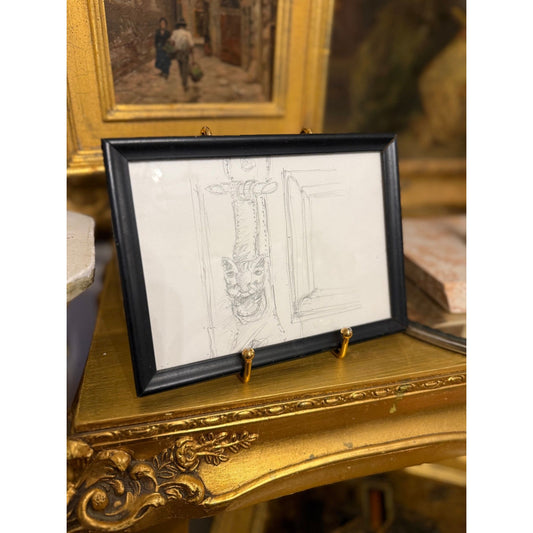 Early 1900s European Grotesque Pencil Sketch | Framed Architectural Detail