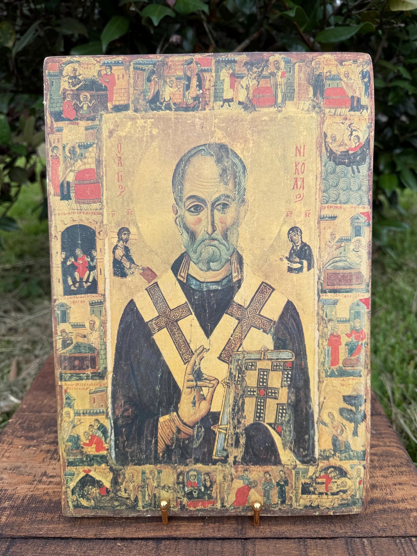 Saint Nicholas Icon with Life Scenes | Greek Orthodox Vintage Icon Panel from Thessaloniki, 14x10"