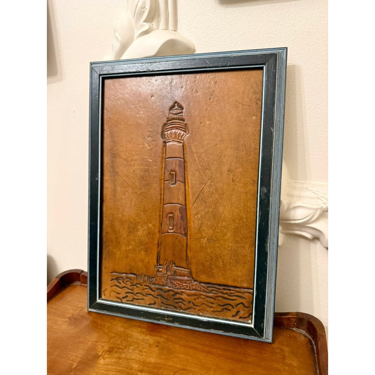 Vintage Hand-Tooled Leather Lighthouse Wall Art, Framed Nautical Folk Art