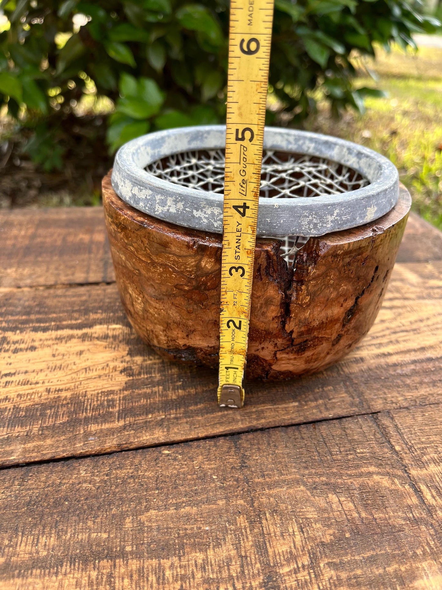 Mid-Century Vase with Burl Wood Base and Wire Frog | Rustic Floral Holder