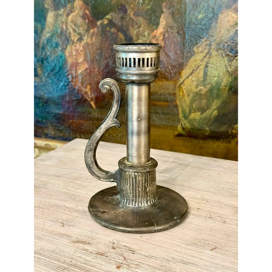 Vintage Silver-Tone Chamberstick Candle Holder with Scroll Handle