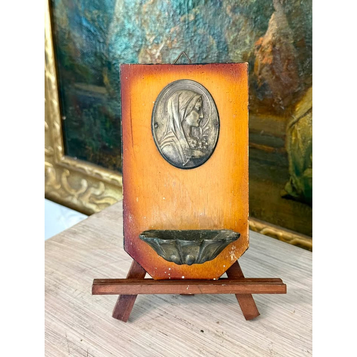 Vintage Virgin Mary Holy Water Font with Wooden Wall Plaque and Metal Basin