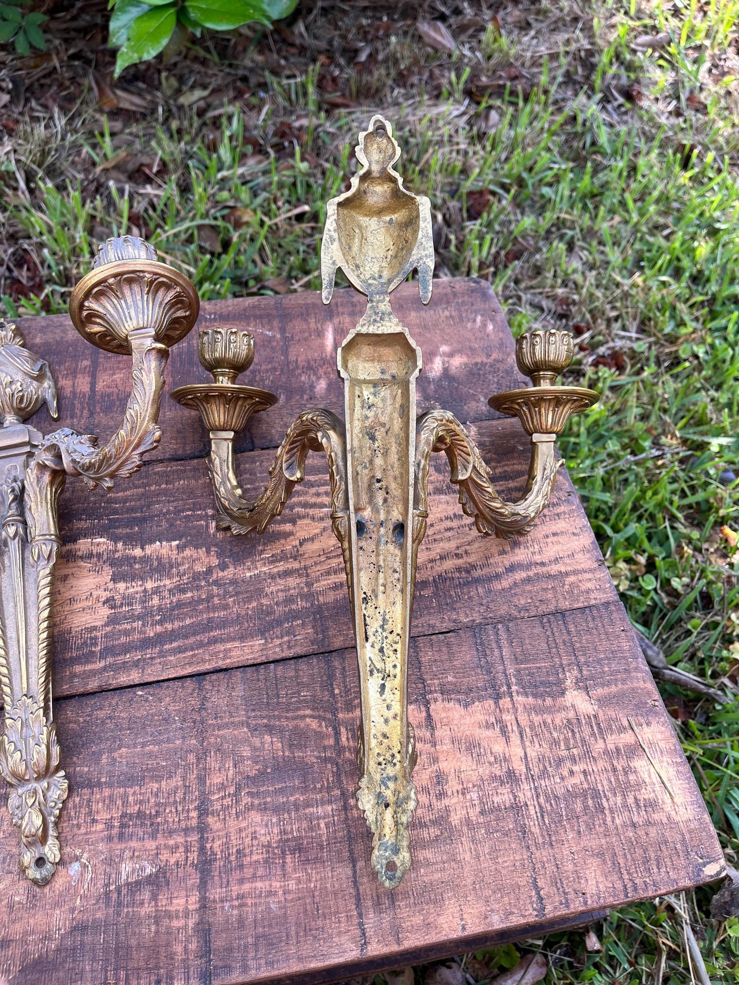 Pair of Antique French Brass Wall Sconces – Neoclassical Candle Holders, Louis XVI Style, Double Arm Wall Lights