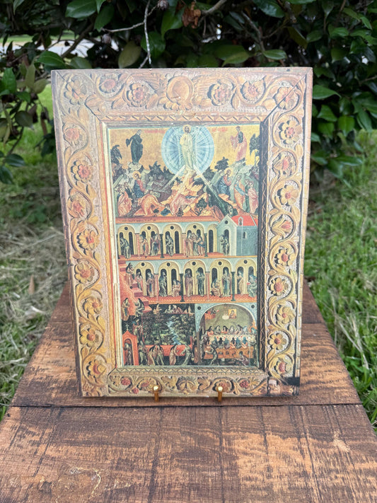 Greek Orthodox Last Judgment Icon with Floral Border | Vintage Thessaloniki Religious Icon on Board