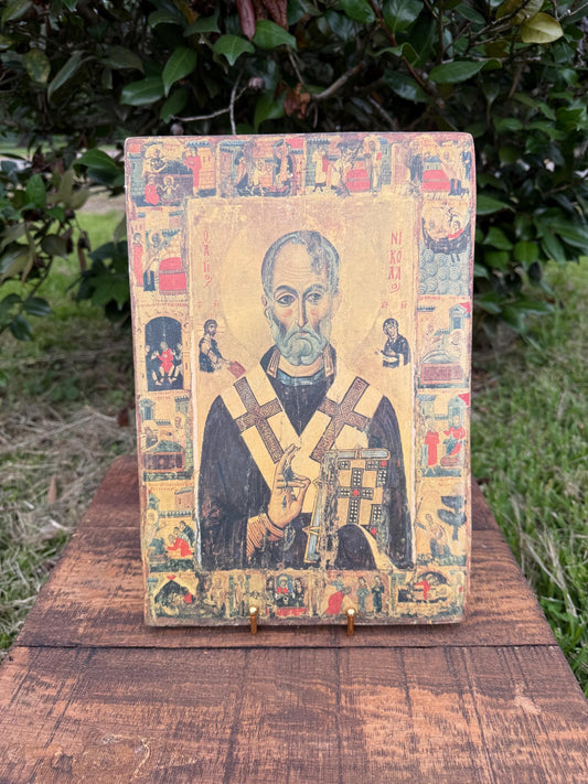 Saint Nicholas Icon with Life Scenes | Greek Orthodox Vintage Icon Panel from Thessaloniki, 14x10"