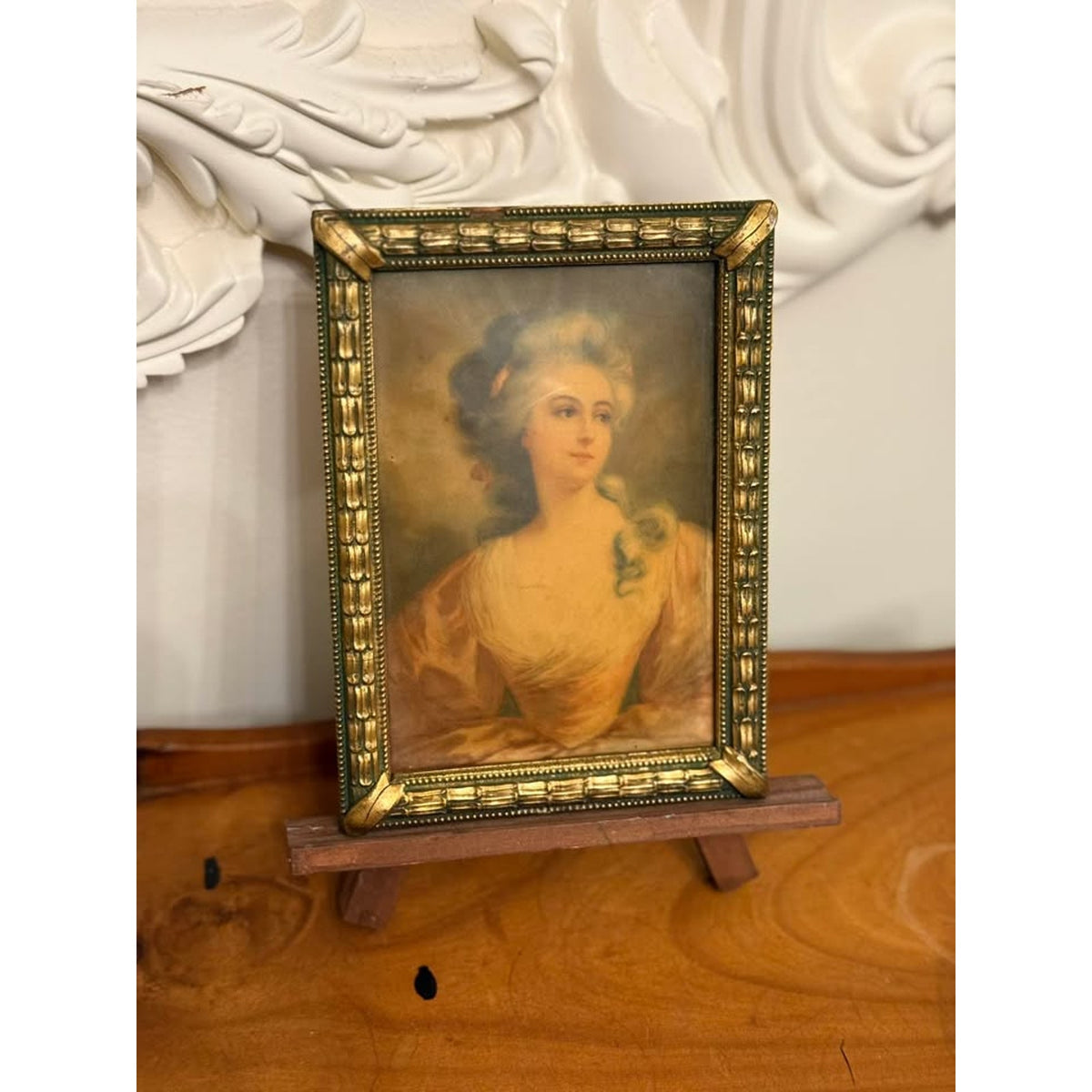 Vintage Convex Metal Lady Portrait Rococo Victorian Style Gold Frame