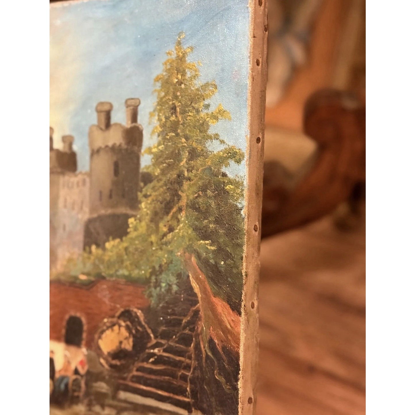 Antique European Castle Landscape Oil Painting on Canvas