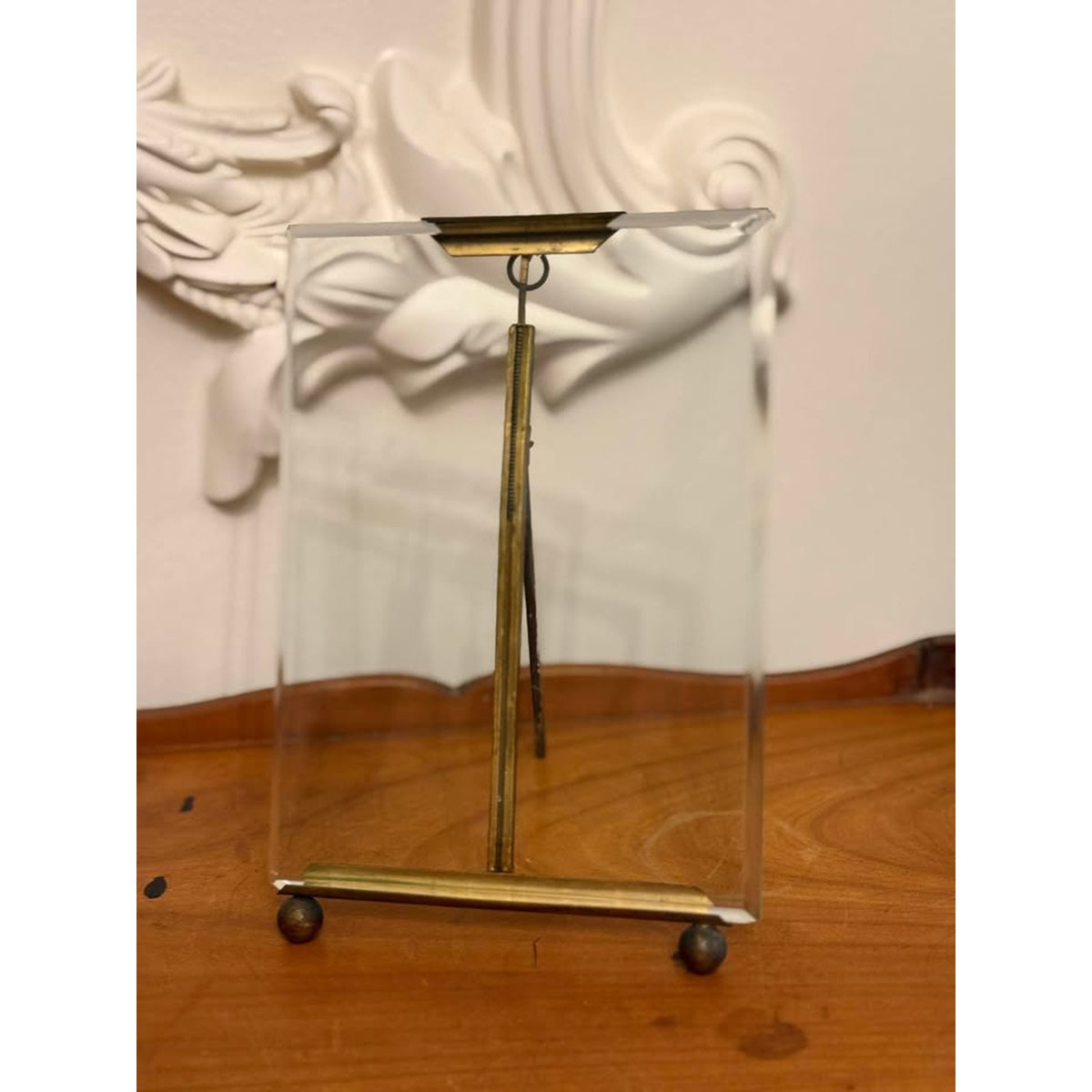 Antique French Beveled Glass 5x7 Photo Frame Brass Easel Ball Feet