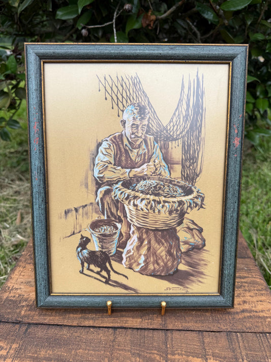 Framed Greek Fisherman Print – Vassiliou 1964 Folk Art with Cat & Nets, 10.5x13.5