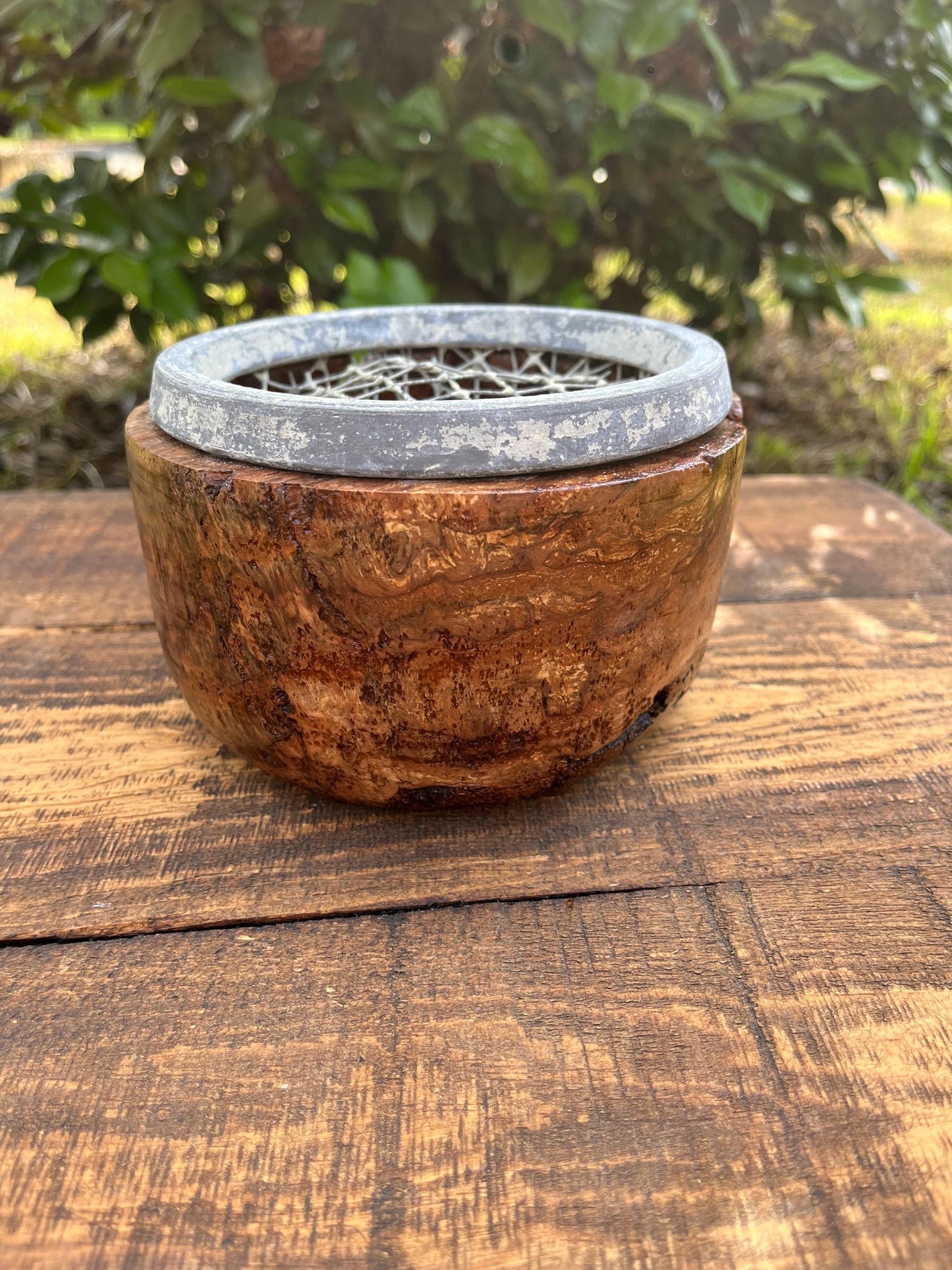 Mid-Century Vase with Burl Wood Base and Wire Frog | Rustic Floral Holder