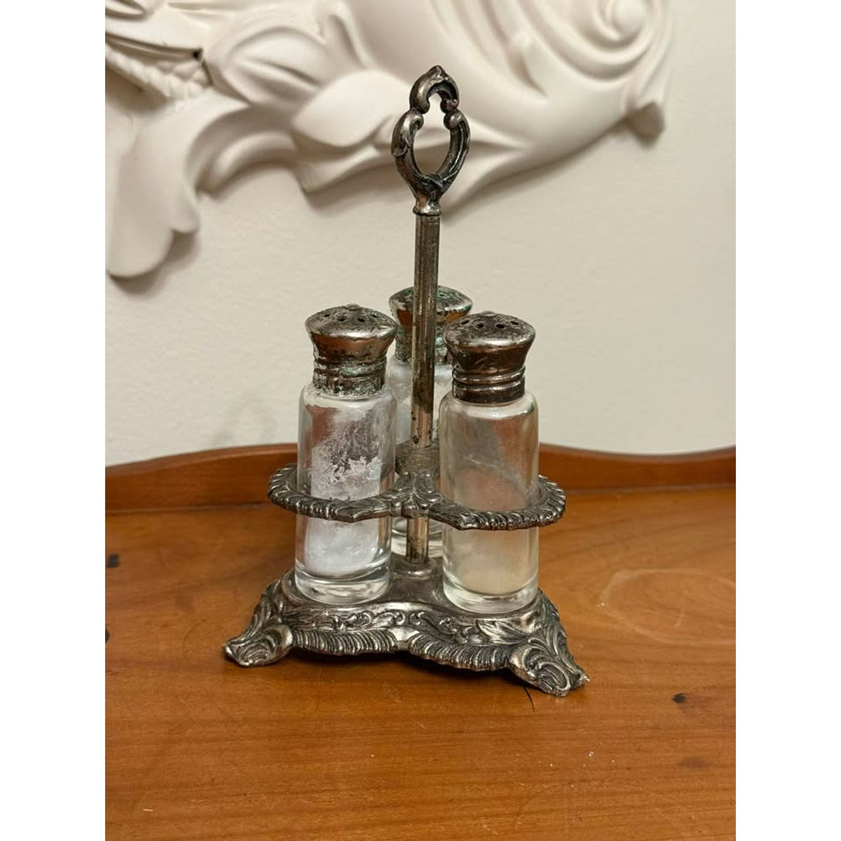 Vintage Silverplate 3 Bottle Salt Pepper Condiment Caddy Glass Shaker Set