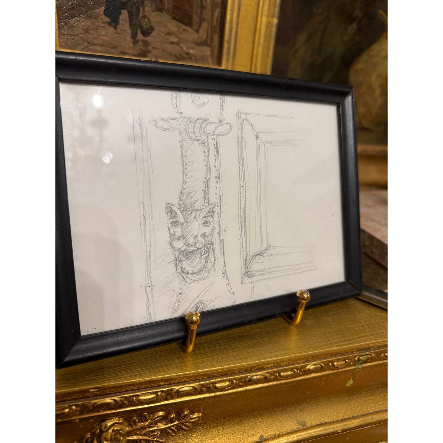 Early 1900s European Grotesque Pencil Sketch | Framed Architectural Detail