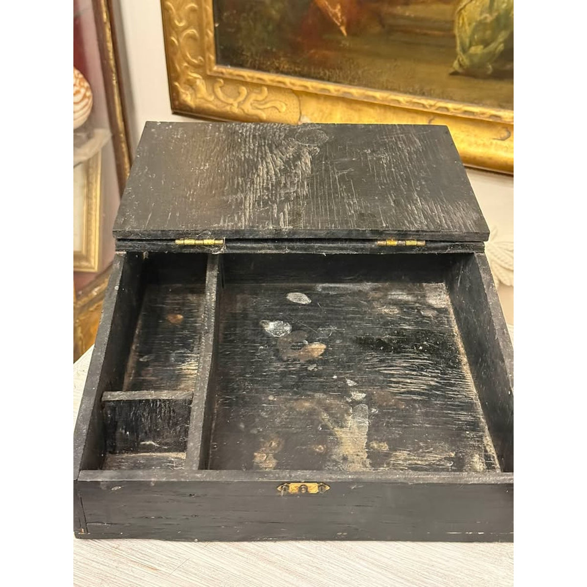 Antique Primitive Black Painted Wooden Bible Box, Slant Top Storage Chest