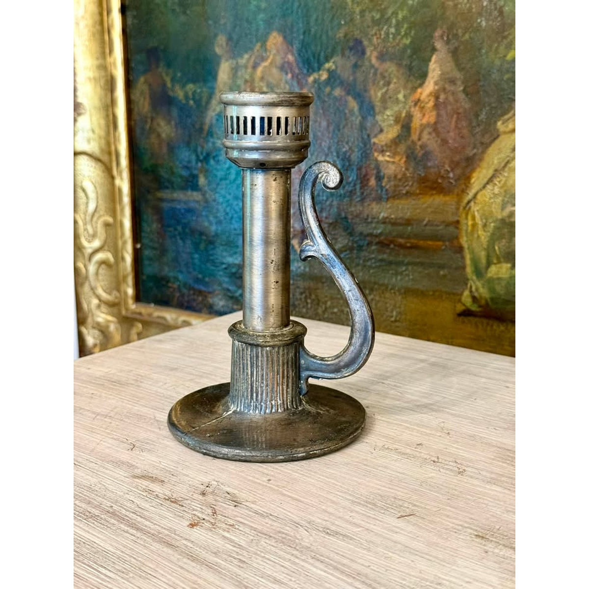Vintage Silver-Tone Chamberstick Candle Holder with Scroll Handle