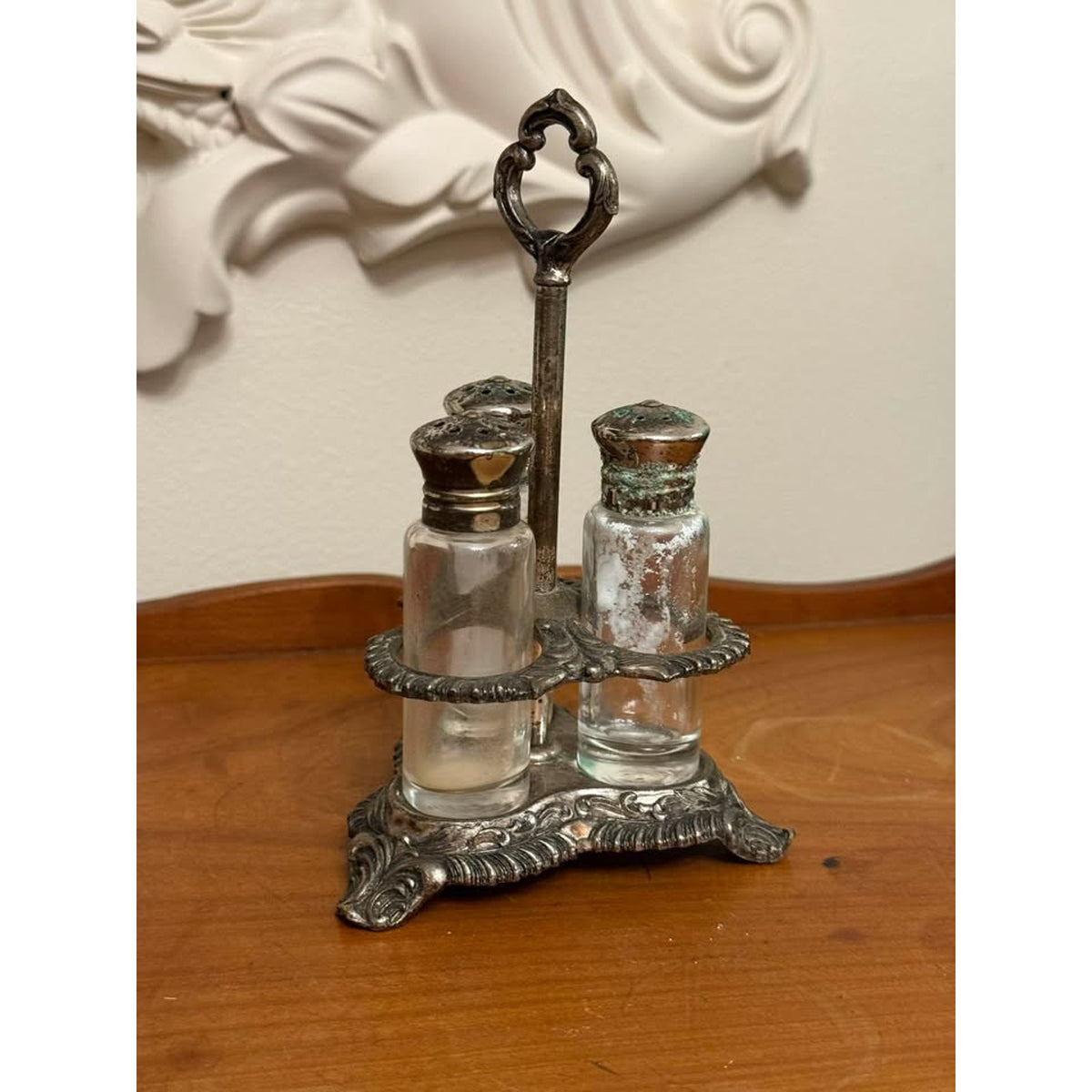 Vintage Silverplate 3 Bottle Salt Pepper Condiment Caddy Glass Shaker Set